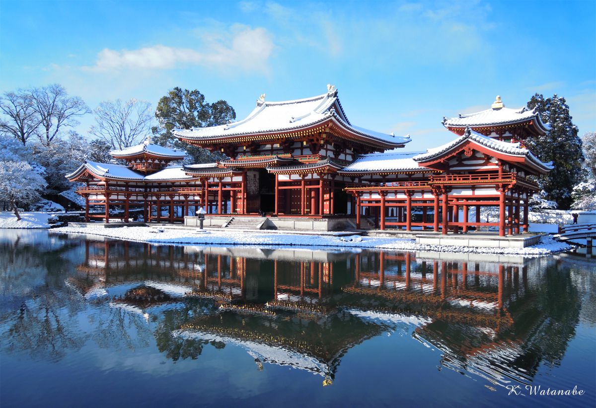【鳳凰堂雪景図】井上黎明 992 宇治平等院　京都　共箱　掛け軸　肉筆 雪の平等院鳳凰堂 | GANREF