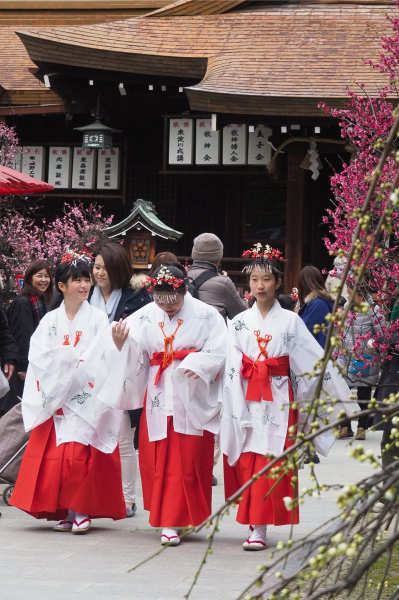 松山神社「早乙女献供行列」の小学生巫女たち | GANREF